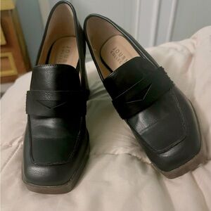 Journee collection block heel loafers. Black with dark brown faux wood heel.